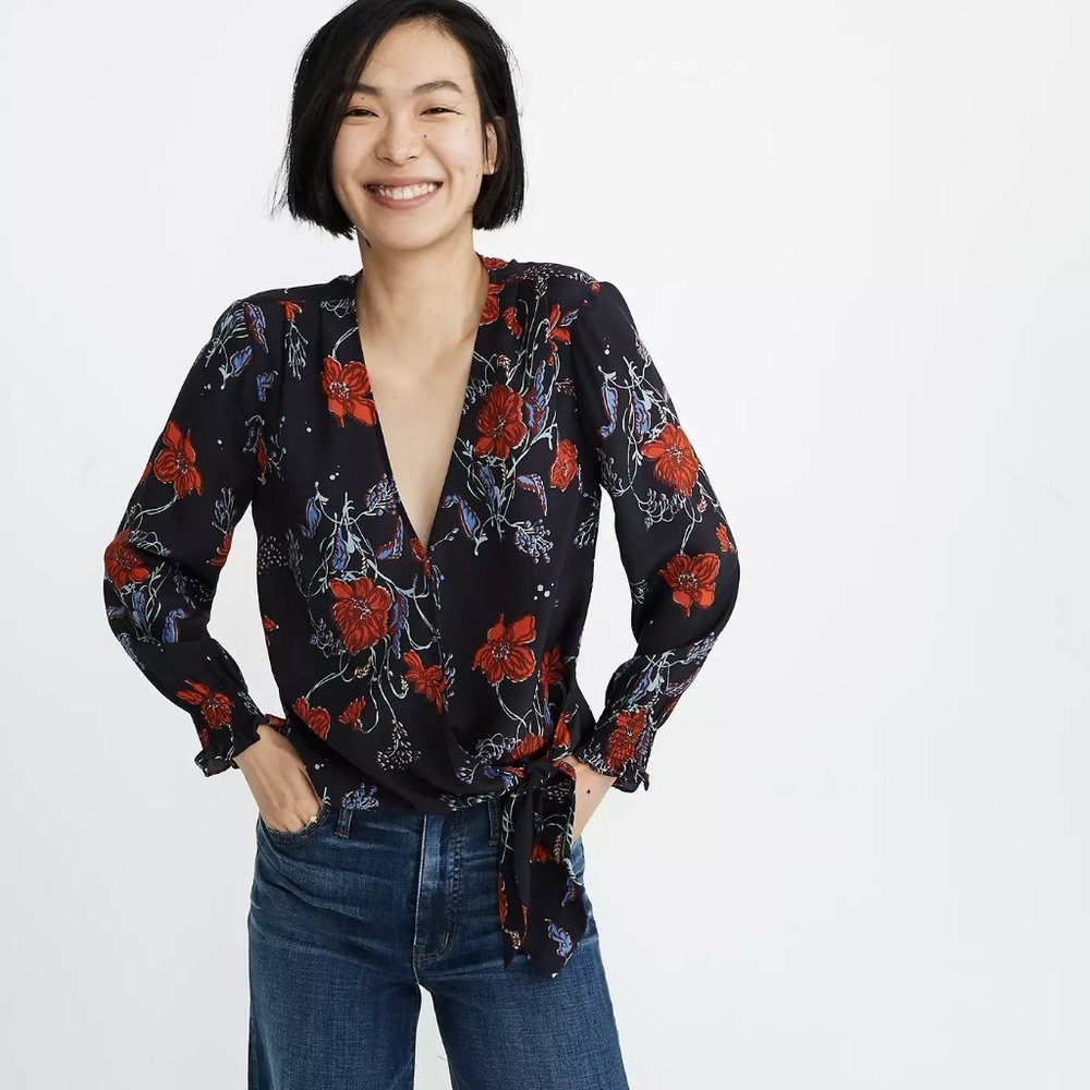 Madewell Silk Smocked-Sleeve Navy Wrap Top Small